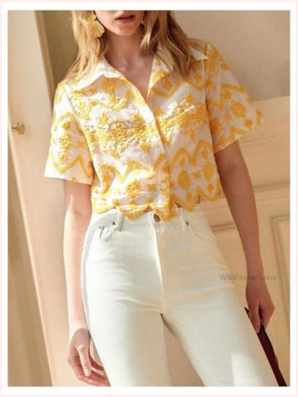 Short Sleeve Button Down Crop Blouse with Floral Embroidery - Picture 5 of 6